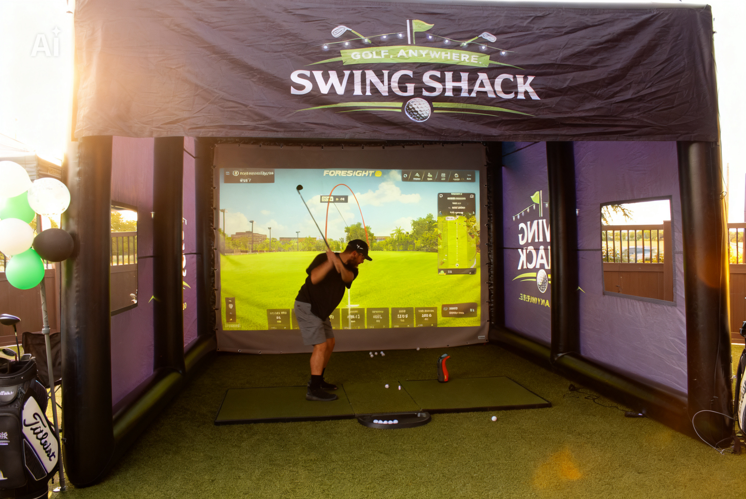 Golfer mid-swing inside the Swing Shack simulator at golden hour